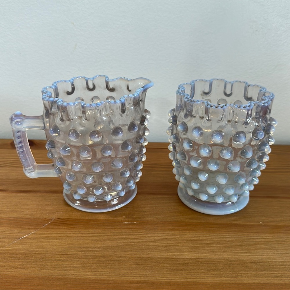 EAPG Elson Glass Opalescent Dewdrop Ruffled Edge Hobnail Spooner Footed cups